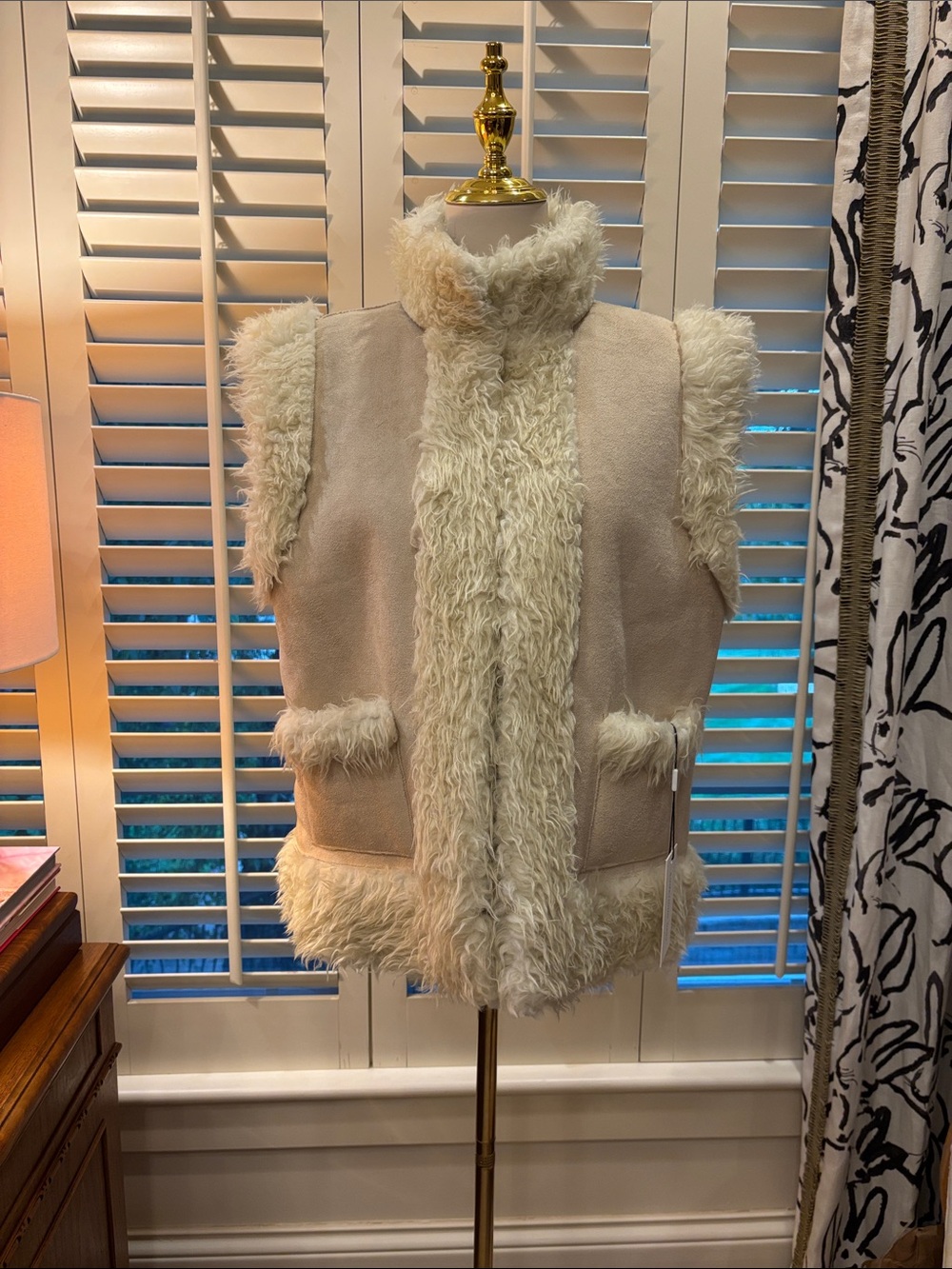 Something Navy Cream Faux Shearling Trim Vest